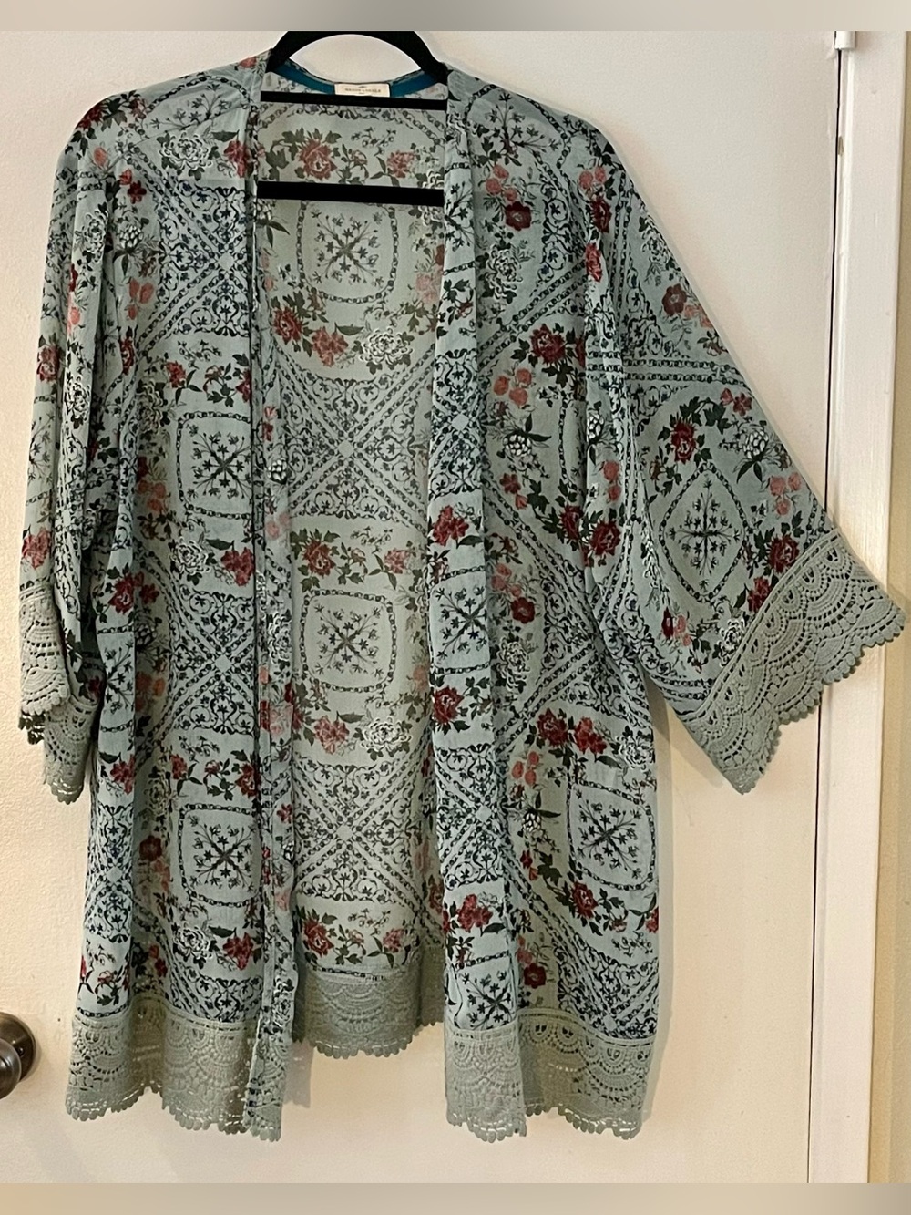 Floral Kimono Duster Teal Crochet Trim Scalloped Boho Fairy Semi Sheer Cover Up